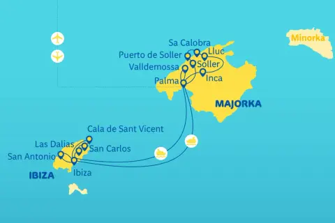 Mapa pokazuje podróż na Ibizę, Majorkę i Minorkę. Samoloty i statki łączą wyspy.