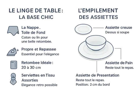 Illustration de la taille des verres à table et de l'empilement des assiettes, avec des conseils sur le linge de table.