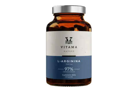 Szklana butelka z suplementem diety L-Arginina 1200 mg. W czym jest arginina? W kapsułkach, które wspierają organizm.