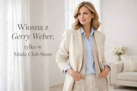 Elegancka kobieta w jasnej marynarce i błękitnej koszuli, prezentująca wiosenną kolekcję Gerry Weber bluzki.