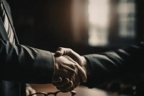 Dwaj mężczyźni w garniturach ściskają sobie dłonie, symbolizując zawarcie umowy inwestycyjnej.