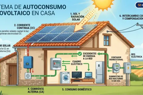 Diagrama de un sistema de autoconsumo fotovoltaico en una casa. El sol alimenta paneles solares, que generan electricidad CC. Un inversor la transforma en CA para el consumo doméstico, con intercambio a la red.