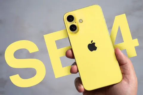 Żółty iPhone SE 4 w dłoni, obok wielkich liter "SE" i cyfry "4".