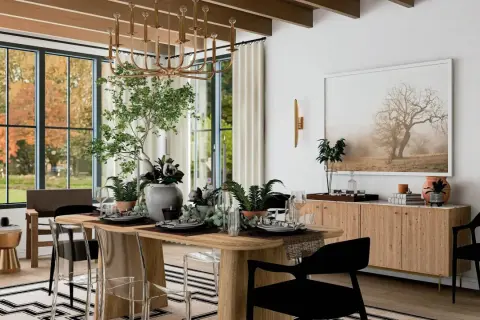 A modern dining room with a large picture of a tree. This image offers inspiration on how to hang a picture to enhance your home decor.