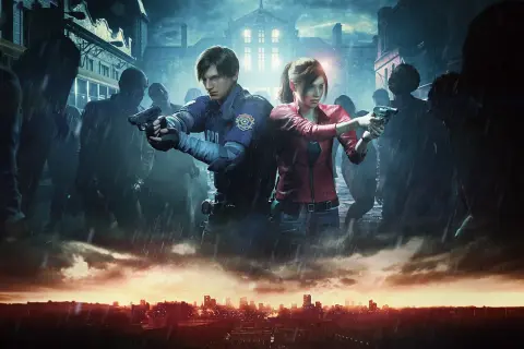 Leon i Claire walczą z hordą zombie w deszczową noc. To mroczna scena z Resident Evil seria.