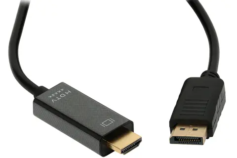 Kabel DisplayPort vs HDMI 4Kx2K. Złoty wtyk HDMI i czarny wtyk DisplayPort.