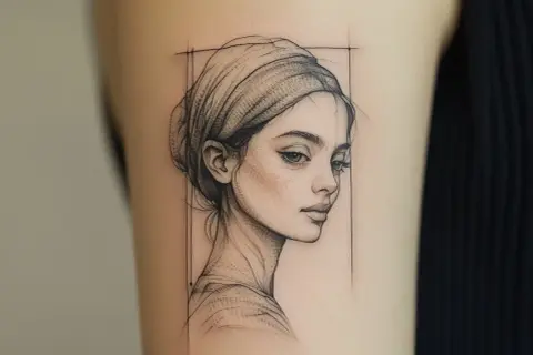 Ein zartes Fineline-Tattoo zeigt das Profil einer jungen Frau mit Kopftuch, gezeichnet mit feinen Linien und Schattierungen.