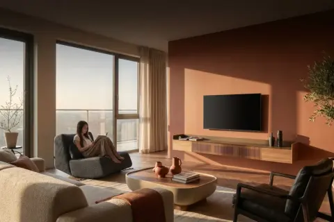 Gemütliches Wohnzimmer mit warmen Erdtönen. Die Wandfarbe und die Dekorationen wie Vasen und Decken mischen sich harmonisch in Braun.