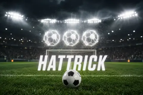 Piłkarski stadion nocą, trzy świecące piłki nad bramką i napis "HAT TRICK".