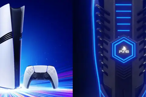 Konsola PS5 i kontroler DualSense na tle niebieskiego gradientu z kolorowymi smugami światła. Obok widoczny fragment futurystycznej obudowy z podświetlanym logo PS6. Premiera PS5.