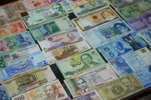 Kolekcja banknotów z różnych krajów, w tym z Urugwaju, Indonezji, Wietnamu, Kanady, Sudanu, Rosji, Mauritiusu, Kuby i innych. Każdy banknot ma swoją dewizę, co to za waluta, widoczne na jego powierzchni.