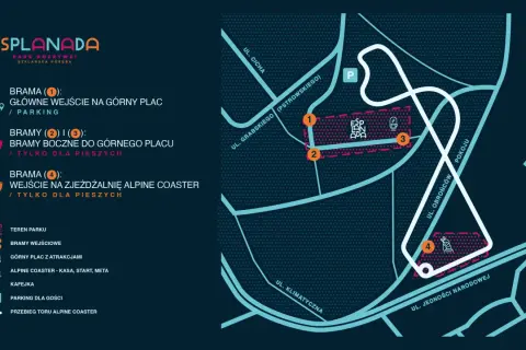 Mapa Esplanady w Szklarskiej Porębie. Wskazuje wejścia, parking, górny plac z atrakcjami i tor Alpine Coaster.