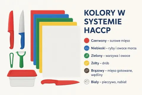 Kolorowe deski i noże do segregacji żywności wg systemu HACCP: czerwony (mięso surowe), niebieski (ryby), zielony (warzywa), żółty (drób), brązowy (mięso gotowane), biały (pieczywo).
