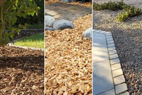 Trzy różne rodzaje ściółki: ciemne zrębki drzewne przy trawniku, jasne zrębki drzewne przy kamieniach i drewnianej ścieżce, oraz kamyczki przy płytkach i roślinach.