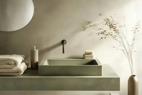 Lavabo de microcemento moderno con grifo negro, toallas y jabonera. Inspírate para crear tu propio lavabo de microcemento.