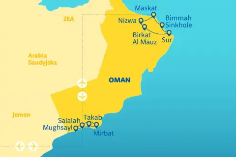 Mapa pokazuje, gdzie leży Oman, z zaznaczonymi miastami: Maskat, Nizwa, Sur, Salalah i innymi.