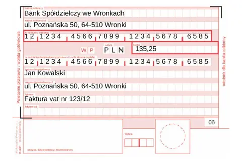 Potwierdzenie wpłaty gotówki na kwotę 135,25 PLN dla Jana Kowalskiego, tytułem Faktura vat nr 123/12.