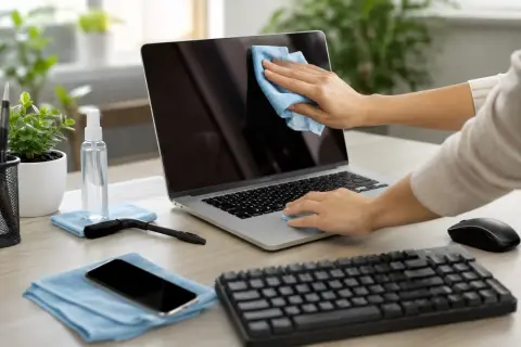 Dłonie czyszczą ekran laptopa niebieską ściereczką. Na biurku stoją płyn dezynfekujący, szczoteczka i telefon.