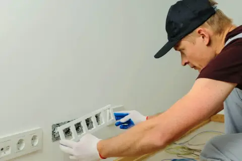 Elektryk montuje ramkę gniazdek. Sprawdź kucie bruzd pod rury cennik.
