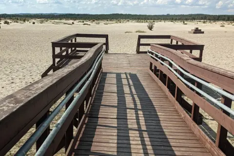 Drewniana kładka prowadzi przez piaszczyste tereny pustyni błędowskiej. W oddali widać drzewa i niebo.