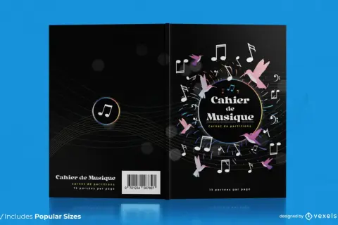 Portadas para música con notas musicales y colibríes. Un cuaderno de partituras con diseño vibrante.
