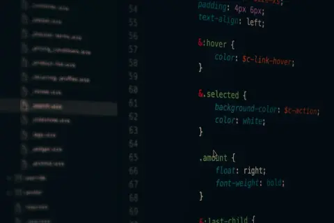 Kod CSS w edytorze, widać plik "search.scss" i reguły dla :hover, .selected i .amount.