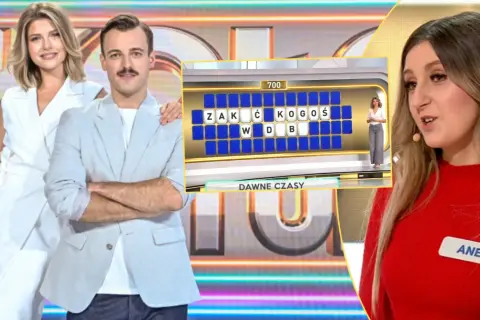 Koło fortuny w studio telewizyjnym, gdzie Aneta próbuje odgadnąć hasło "ZAKŁÓĆ KOGOŚ".