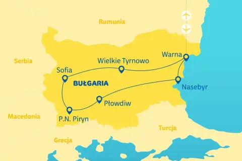 Mapa Bułgarii z trasą wycieczki: Sofia, Płowdiw, P.N. Piryn, Wielkie Tyrnowo, Warna, Neseber. Idealna na 10 dni bułgaria samolotem.