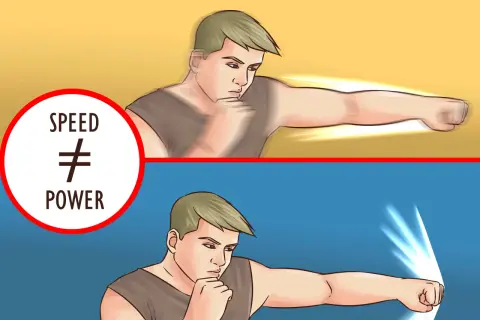 Learn how to punch harder by understanding that speed isn't power. The image shows a boxer's fist in motion, with the bottom panel illustrating a more impactful strike.