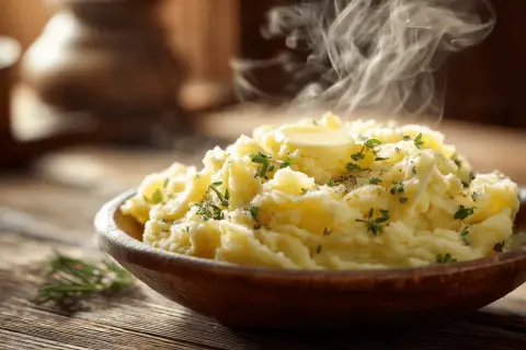 Un bol en bois débordant d'un délicieux écrasé de pomme de terre fumant, garni de beurre et d'herbes fraîches.
