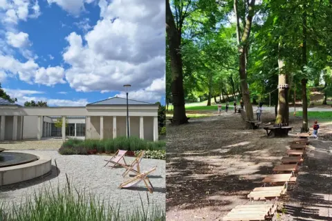 Nowoczesny budynek z fontanną i leżakami po lewej, po prawej park linowy w Jankowicach z dziećmi.