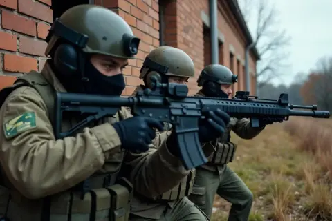 Tres jugadores de airsoft con equipamiento táctico y réplicas de fusiles se preparan para la acción junto a una pared de ladrillos.