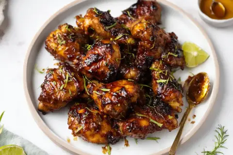 Krispiga kycklingvingar med en glansig glaze, garnerade med lime och örter. Ett perfekt recept för en smakrik glaze!