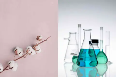 Gałązka bawełny i kolby laboratoryjne z kolorowymi płynami ilustrujące właściwości materiałów.