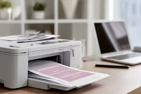 Drukarka drukuje dokument, obok leży laptop. Dowiedz się, jak sprawdzić historię drukowania.
