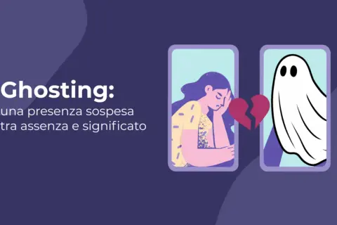 Una ragazza triste guarda un cuore spezzato. Dall'altra parte, un fantasma: lui è sparito, lasciando solo un'assenza.