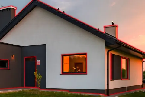 Maison moderne avec contours rouges. Une porte sombre, des fenêtres éclairées. Idéal pour choisir son alarme et sécuriser son domicile.