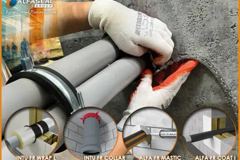 Ręce w rękawiczkach montują przepusty instalacyjne ppoż. wokół rur. Widoczne różne systemy ochrony przeciwpożarowej.