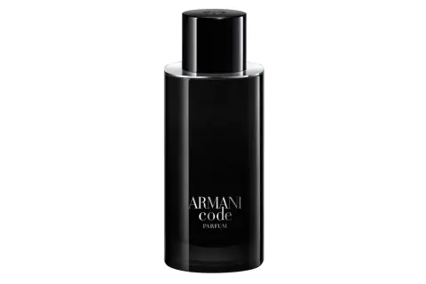 Elegancka, czarna butelka perfum Armani Code Parfum.
