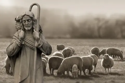 Kamienna rzeźba przedstawia, jak wygląda pasterz z owieczką na ramieniu, stojący na tle stada owiec pasących się na łące.