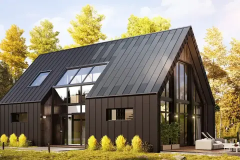 Nowoczesny dom z ciemnym, skośnym dachem, który może być pokryty panelami fotowoltaicznymi. Otoczony jesienną zielenią.