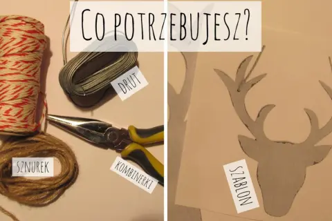 Potrzebne do zrobienia renifera z drutu: sznurek, drut, kombinerki i szablon.