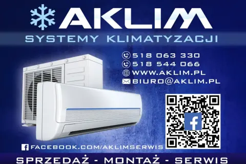 Reklama firmy AKLIM: systemy klimatyzacji, kontakt, strona www, Facebook, sprzedaż, montaż, serwis.