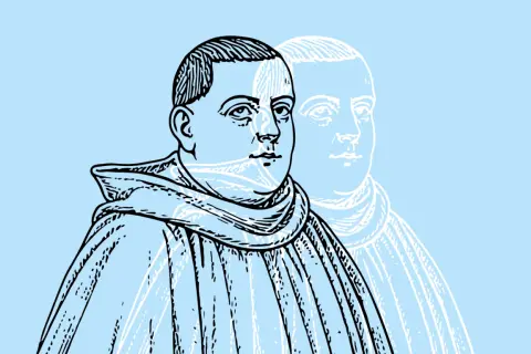 Retrato de **santo Tomás de Aquino** con una figura fantasma detrás.