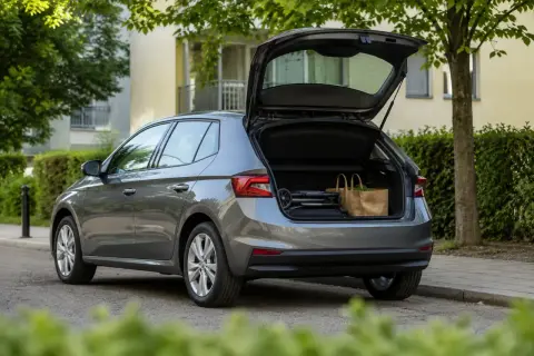Grå Skoda Fabia med öppen baklucka, packad med barnvagn och matkassar. Ett litet problem kan vara att få plats med allt.