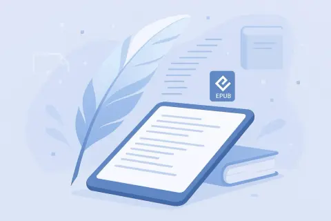 Une tablette affiche du texte, à côté d'une plume et d'un livre. Le logo EPUB est visible, symbolisant les livres numériques.