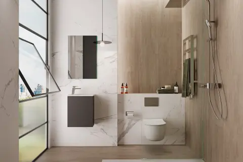 Modernos baños pequeños con ducha, inodoro suspendido y lavabo flotante, con acabados en mármol y madera.