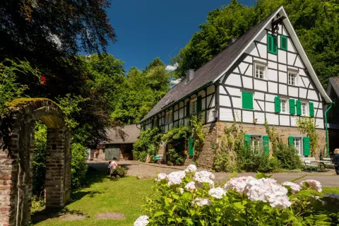 Fachwerkhaus mit grünen Fensterläden, umgeben von üppiger Natur. Ein idyllischer Ort für genuss wandern und Entspannung.