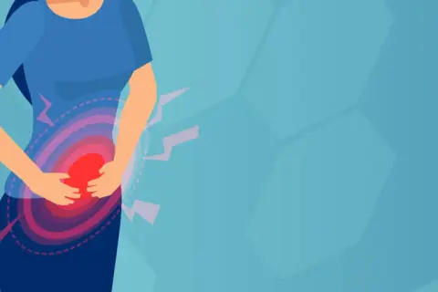 Illustration av en person med magsmärtor, som symboliserar behovet av ibs behandling.