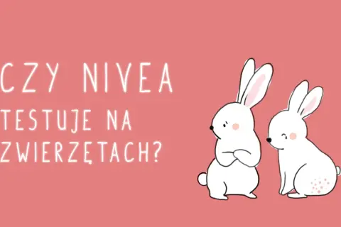 Dwa urocze króliki z pytaniem: czy Nivea testuje na zwierzętach? Jeden wygląda na zmartwionego.